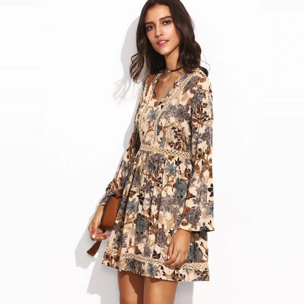 Flared Sleeve Open Crochet Inset Vintage Floral Babydoll Dress - Picture 8 of 8